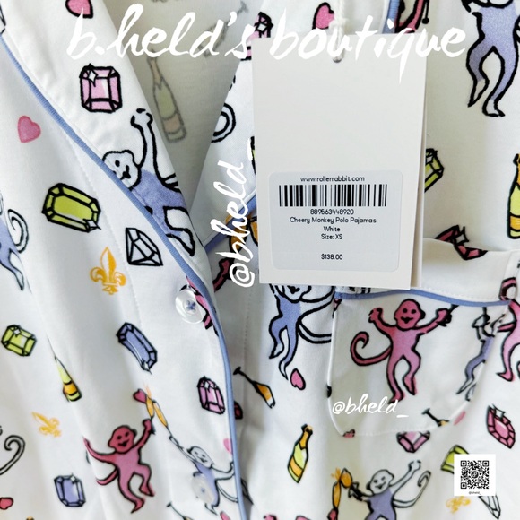 Roller Rabbit Cheery Monkey Polo Pajamas in White Size XS Dreamland Day 5 NWT - Picture 6 of 15